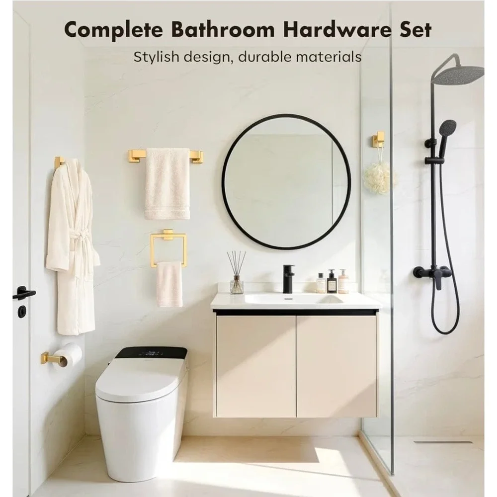 10pc Gold Bathroom Hardware Set SUS304 Stainless Steel Towel Bar Rack Square New